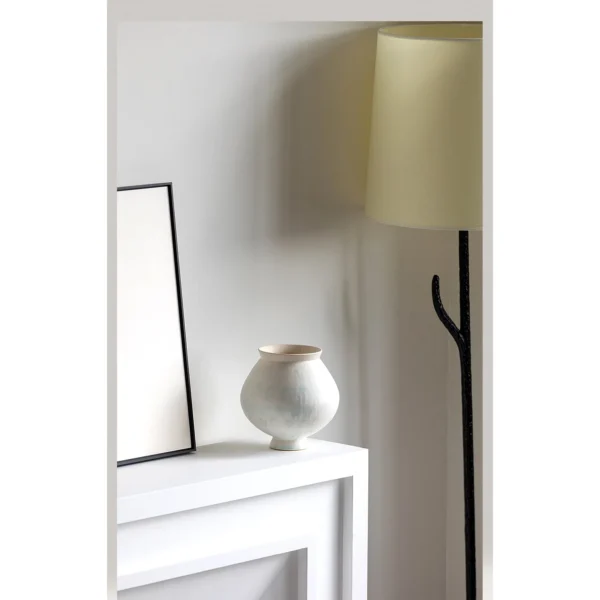Artist-Made Mist Blue Glaze Wide-Mouth Round Vase in ivory — in a room setting