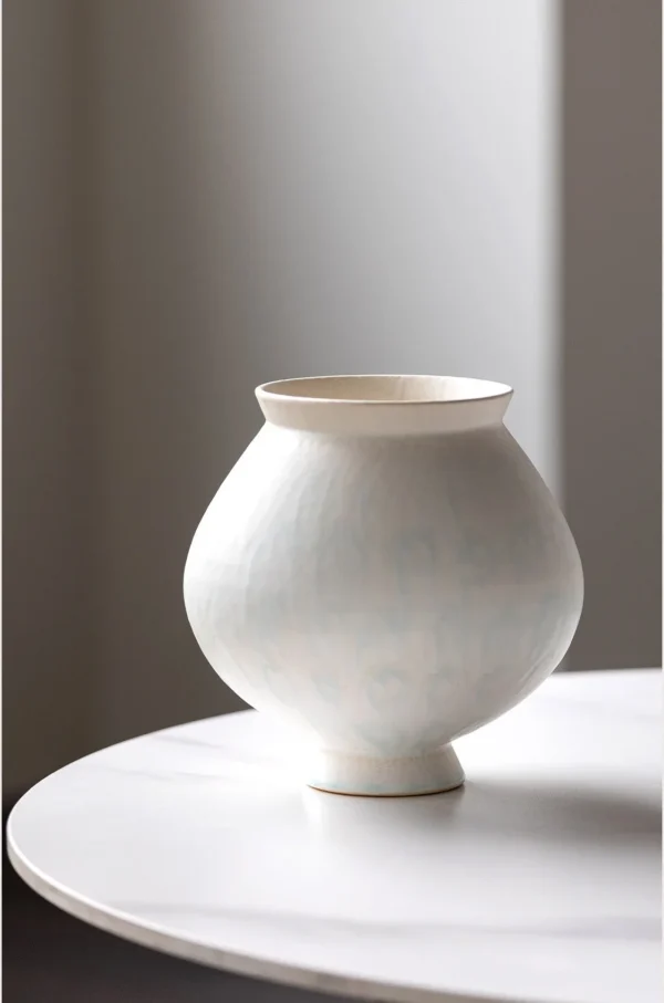 Artist-Made Mist Blue Glaze Wide-Mouth Round Vase in ivory — in a room setting