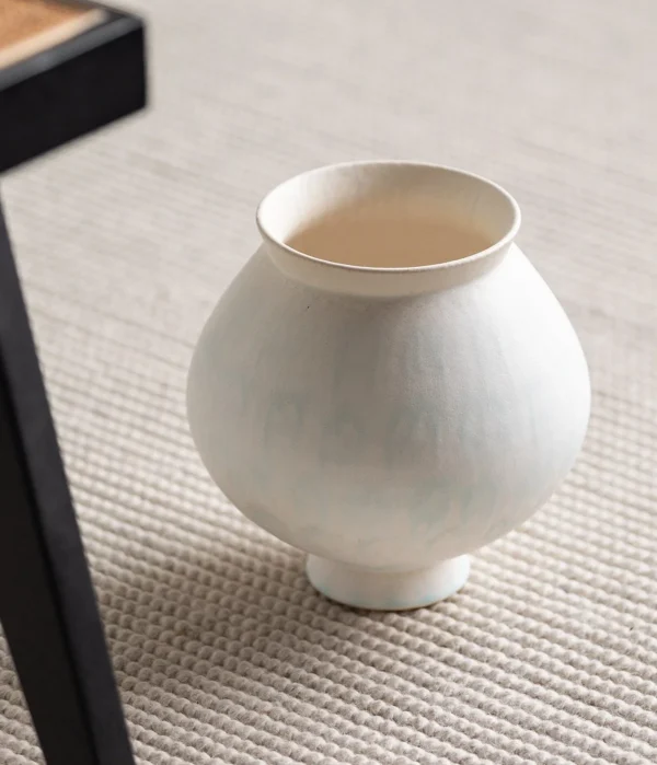 Artist-Made Mist Blue Glaze Wide-Mouth Round Vase in ivory — in a room setting