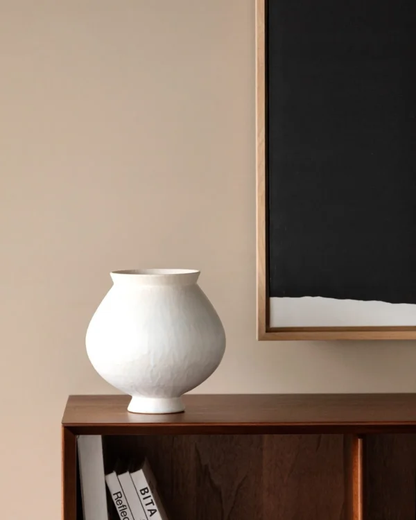 Artist-Made Mist Blue Glaze Wide-Mouth Round Vase in ivory — in a room setting