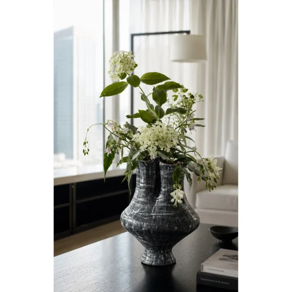 Artist-Made Double-Mouth Sculptural Vase in black — in a room setting