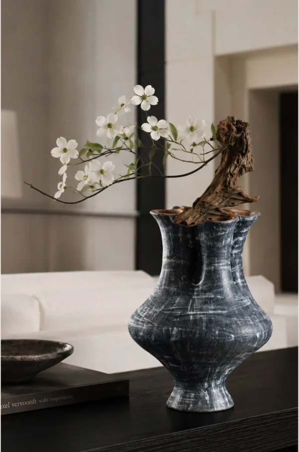 Artist-Made Double-Mouth Sculptural Vase in black — in a room setting
