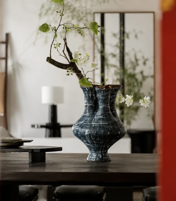 Artist-Made Double-Mouth Sculptural Vase in black — in a room setting