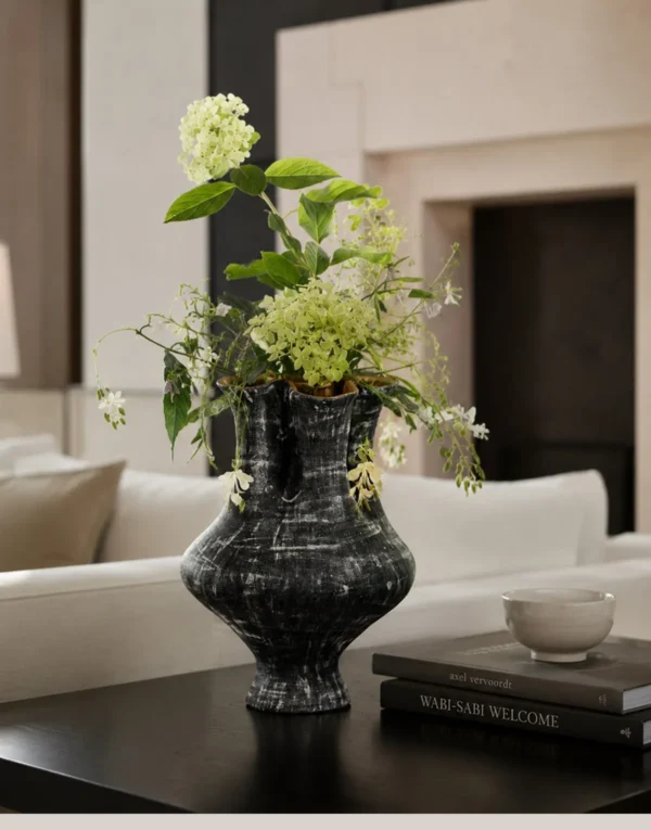 Artist-Made Double-Mouth Sculptural Vase in black — in a room setting