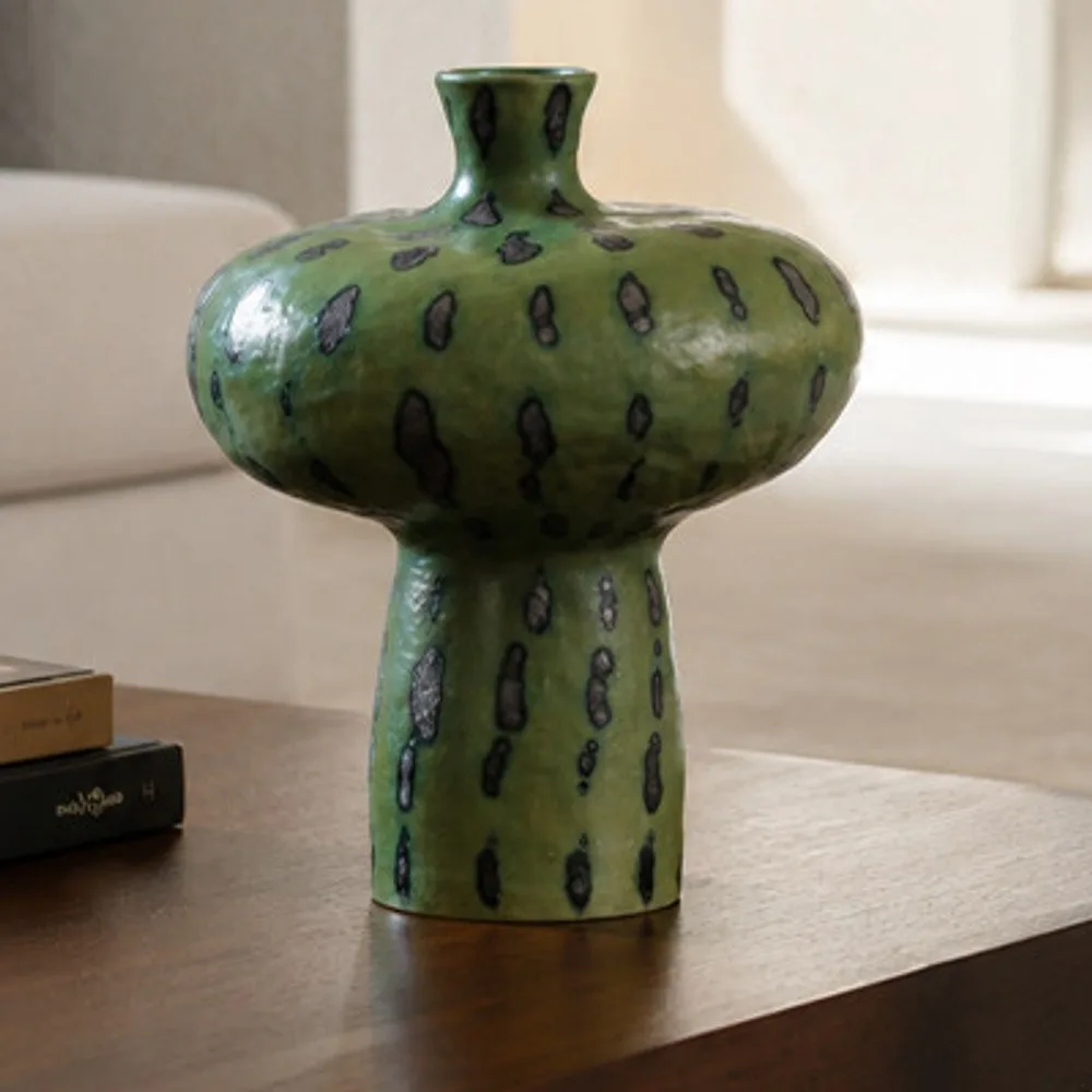 Artist-Made Green Spotted Mushroom Vase for TV Consoles in olive — front view