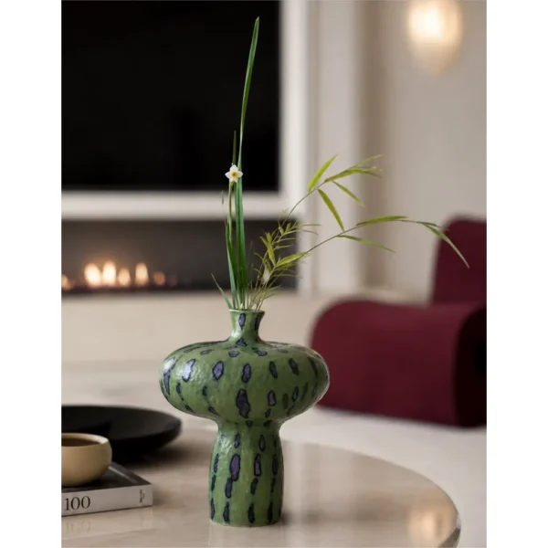 Artist-Made Green Spotted Mushroom Vase for TV Consoles in olive — in a room setting