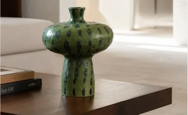 Artist-Made Green Spotted Mushroom Vase for TV Consoles in olive — in a room setting