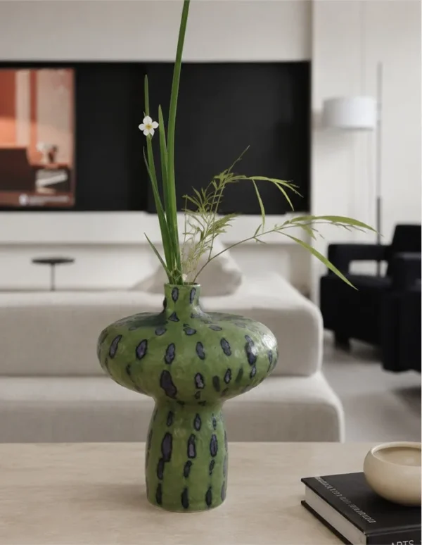 Artist-Made Green Spotted Mushroom Vase for TV Consoles in olive — in a room setting