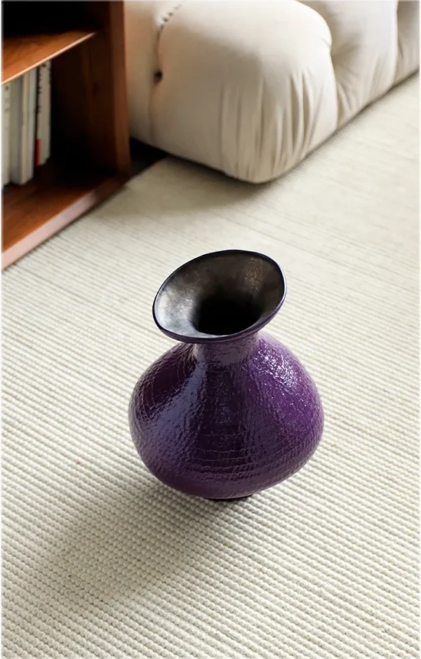 Artist-Made Purple Textured Vase with Flared Rim, Large in plum — in a room setting