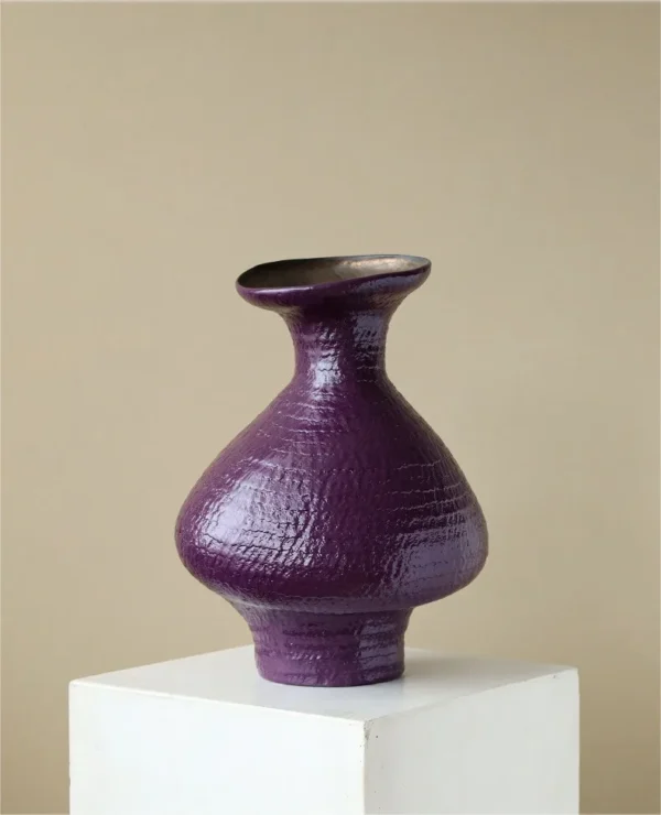 Artist-Made Purple Textured Vase with Flared Rim, Large in plum — in a room setting