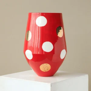 Artist-Made Red Polka Dot Wide-Mouth Vase with Gold, Large in red — front view