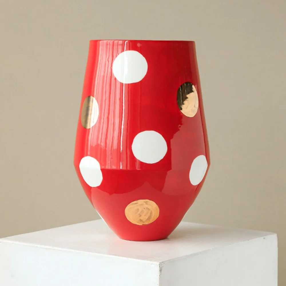 Artist-Made Red Polka Dot Wide-Mouth Vase with Gold, Large in red — front view