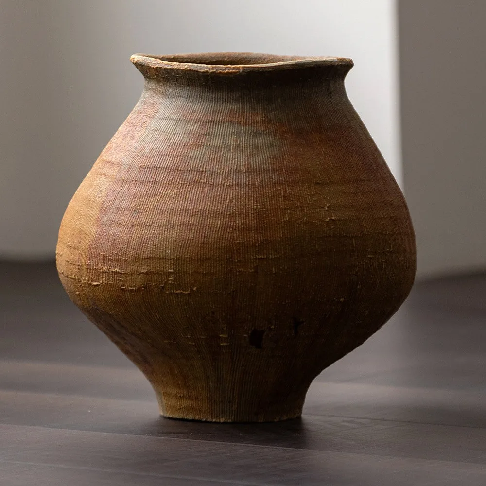Artist-Made Ribbed Rust-Ochre Wide-Shoulder Jar in clay — front view