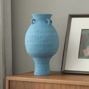 Artist-Made Matte Blue Footed Urn Vase with Ear Lugs, Medium in blue — front view