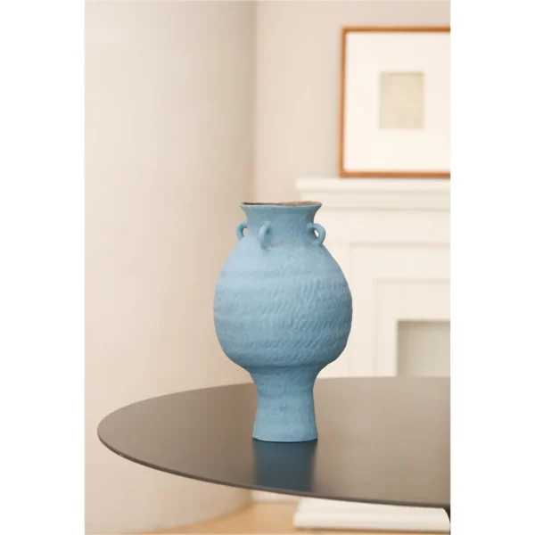 Artist-Made Matte Blue Footed Urn Vase with Ear Lugs, Medium in blue — in a room setting