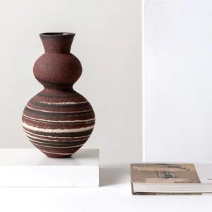 Artist-Made Marbled Clay Gourd Vase with Tree-Ring Pattern in burgundy — front view