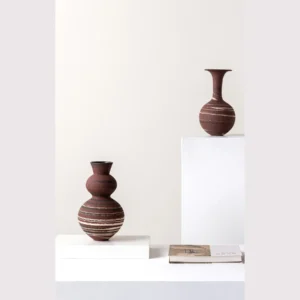 Artist-Made Marbled Clay Gourd Vase with Tree-Ring Pattern in burgundy — in a room setting