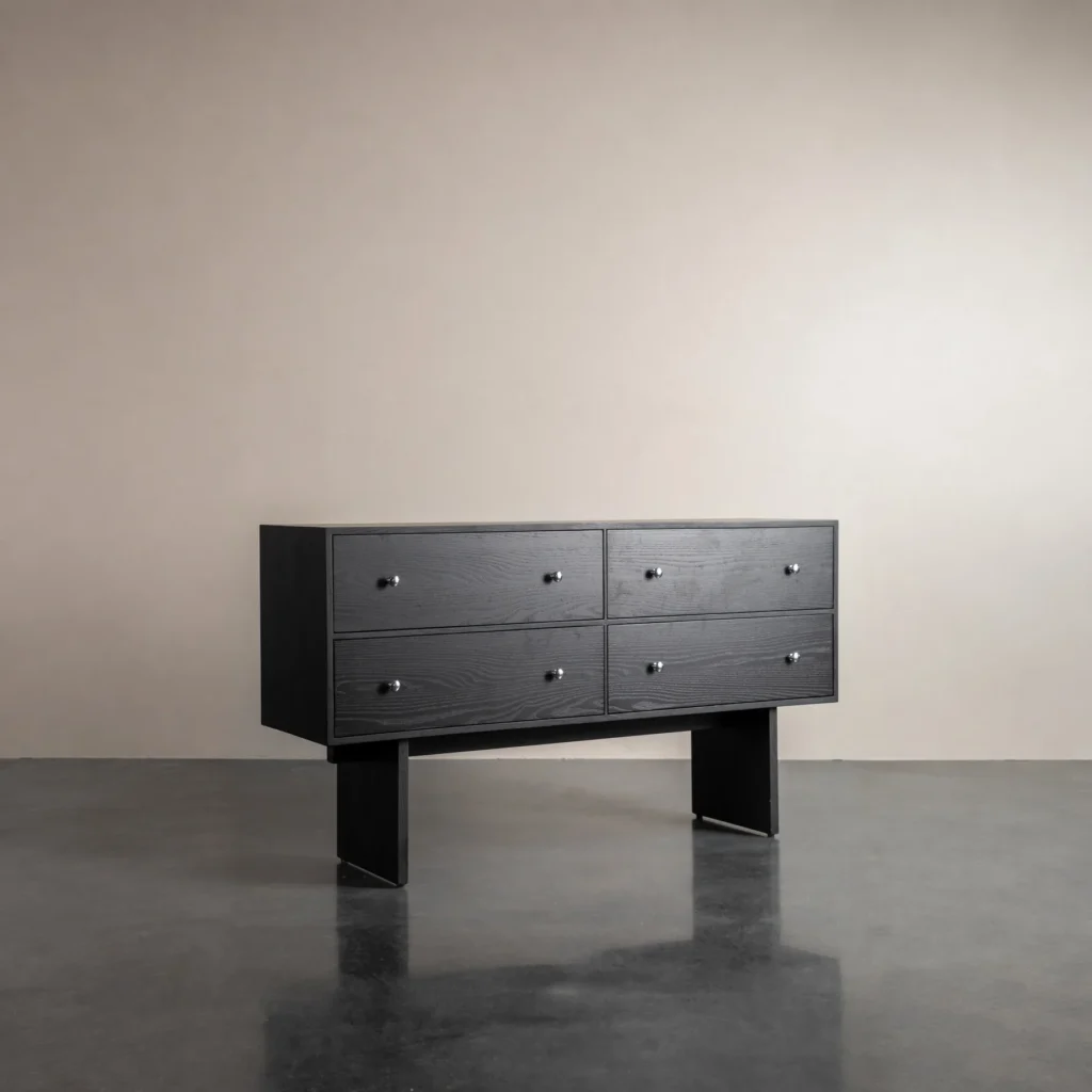 Black Wood-Grain Four-Drawer Chest with Silver Knobs in black — front view