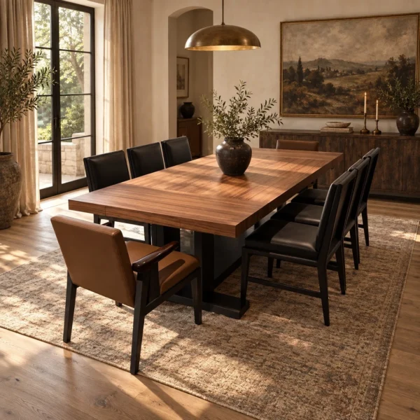 Dark Straight-Grain High-Gloss Dining Table in walnut — in a room setting
