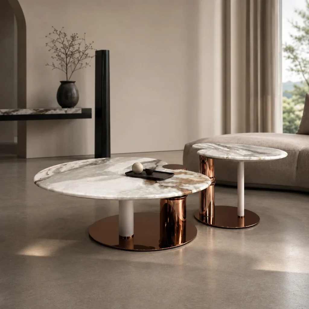 Cream and Green Veined Stone Coffee Table Set in oatmeal — front view