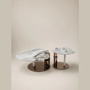 Cream and Green Veined Stone Coffee Table Set in oatmeal — in a room setting