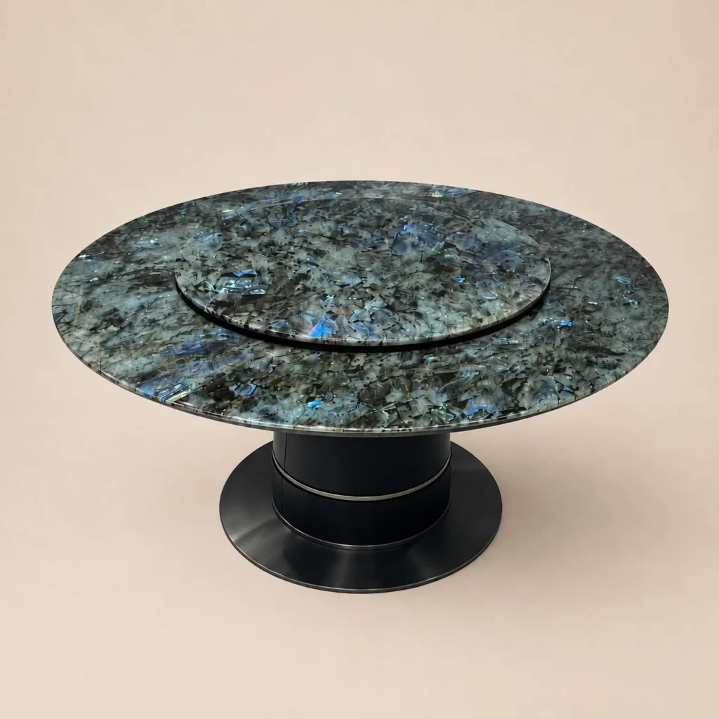 Blue Jade Stone Electric Round Dining Table in blue — front view