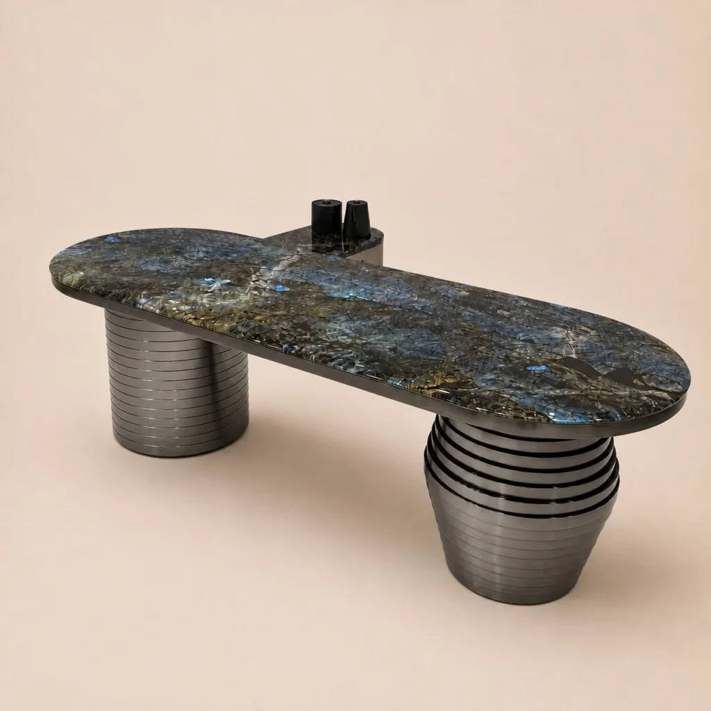 Blue Jade Stone Tea Table on Layered Ring Metal Bases in blue — front view