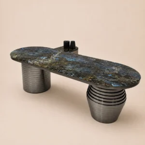Blue Jade Stone Tea Table on Layered Ring Metal Bases in blue — front view