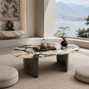 Pink and Black Veined Stone Coffee Table Set on Bronze Bases in rose stone — front view