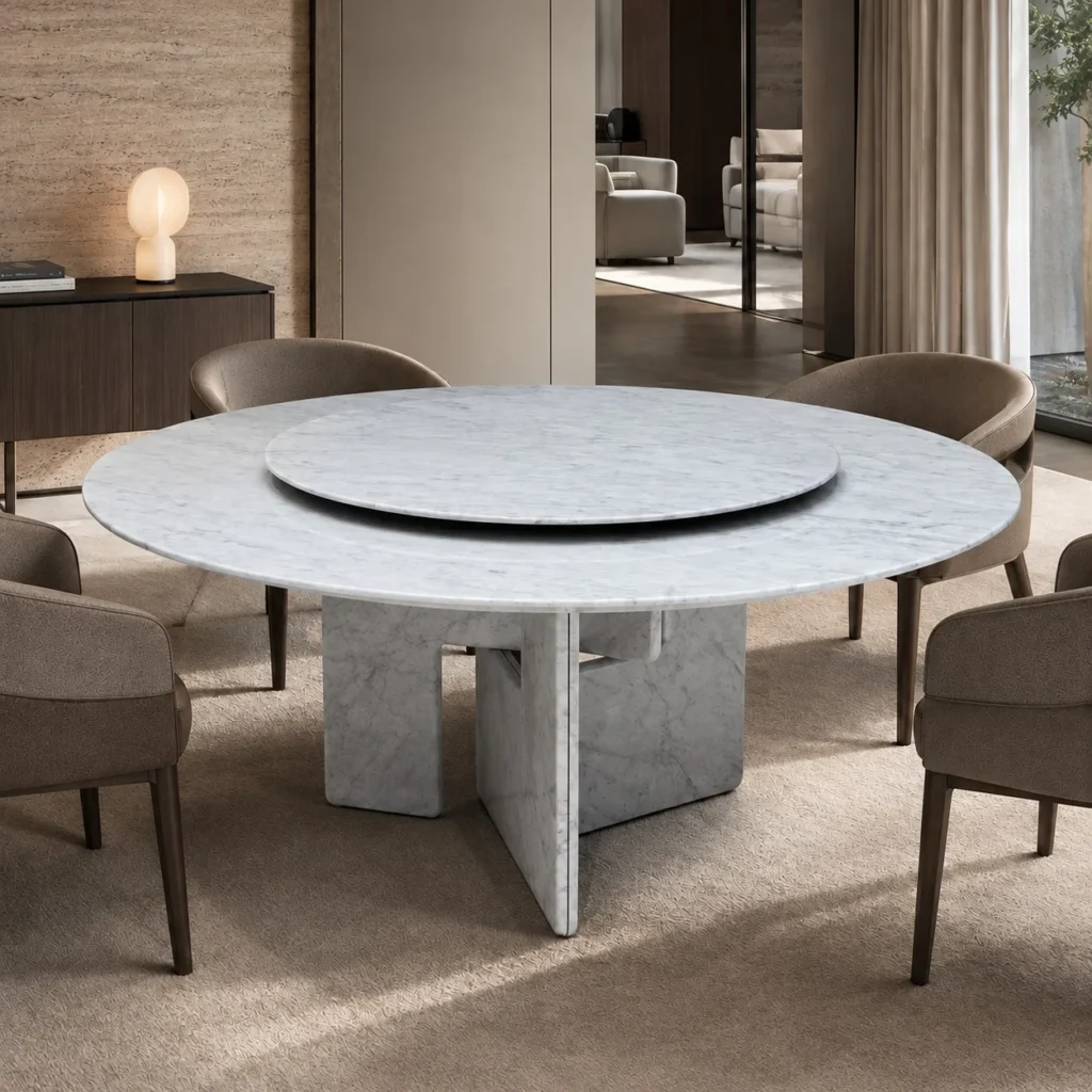 Carrara White Marble Round Dining Table in ivory — front view