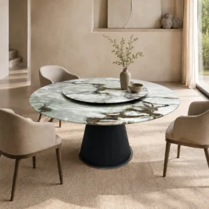 Pale Jade Stone Round Dining Table on Black Cone Base in olive — front view
