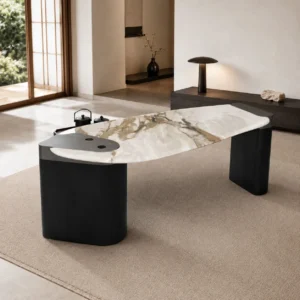 Spring Breeze Green Jade Stone Tea Table on Black Wood Base in olive — front view