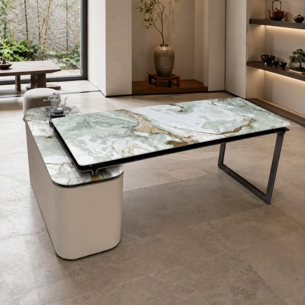 Green Jade Stone L-Shaped Tea Table in olive — front view