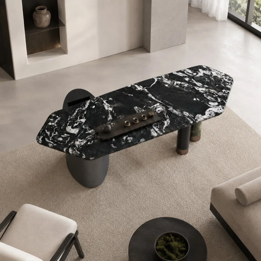 Ink Cloud Green Marble Tea Table in black — front view