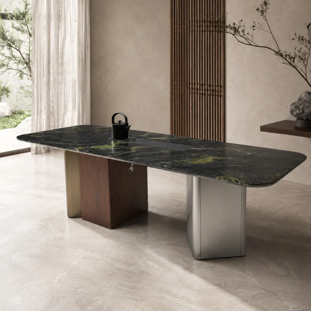 Forest Green Marble Tea Table in black — front view