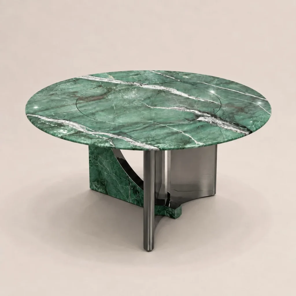 Emerald Green Stone Round Dining Table in olive — front view