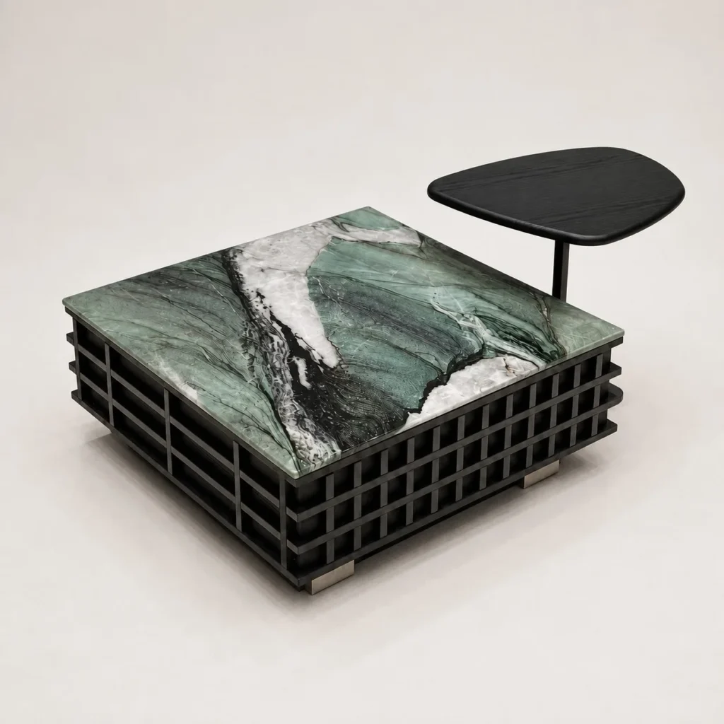Green Jade Stone Grid Coffee Table in olive — front view