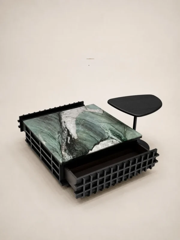 Green Jade Stone Grid Coffee Table in olive — in a room setting