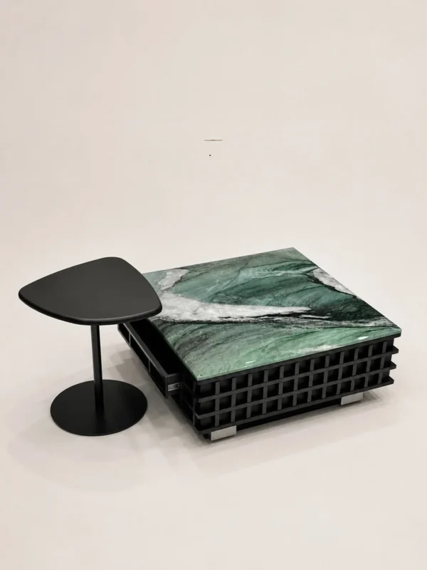 Green Jade Stone Grid Coffee Table in olive — in a room setting