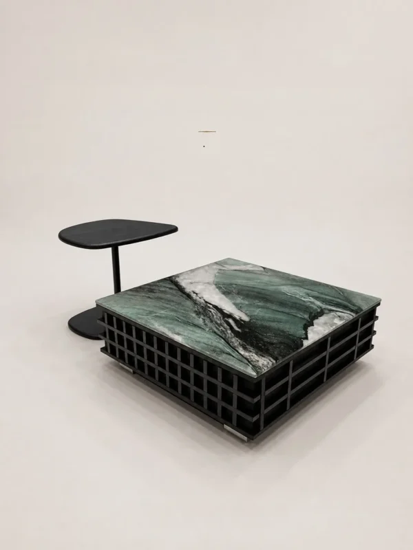 Green Jade Stone Grid Coffee Table in olive — in a room setting