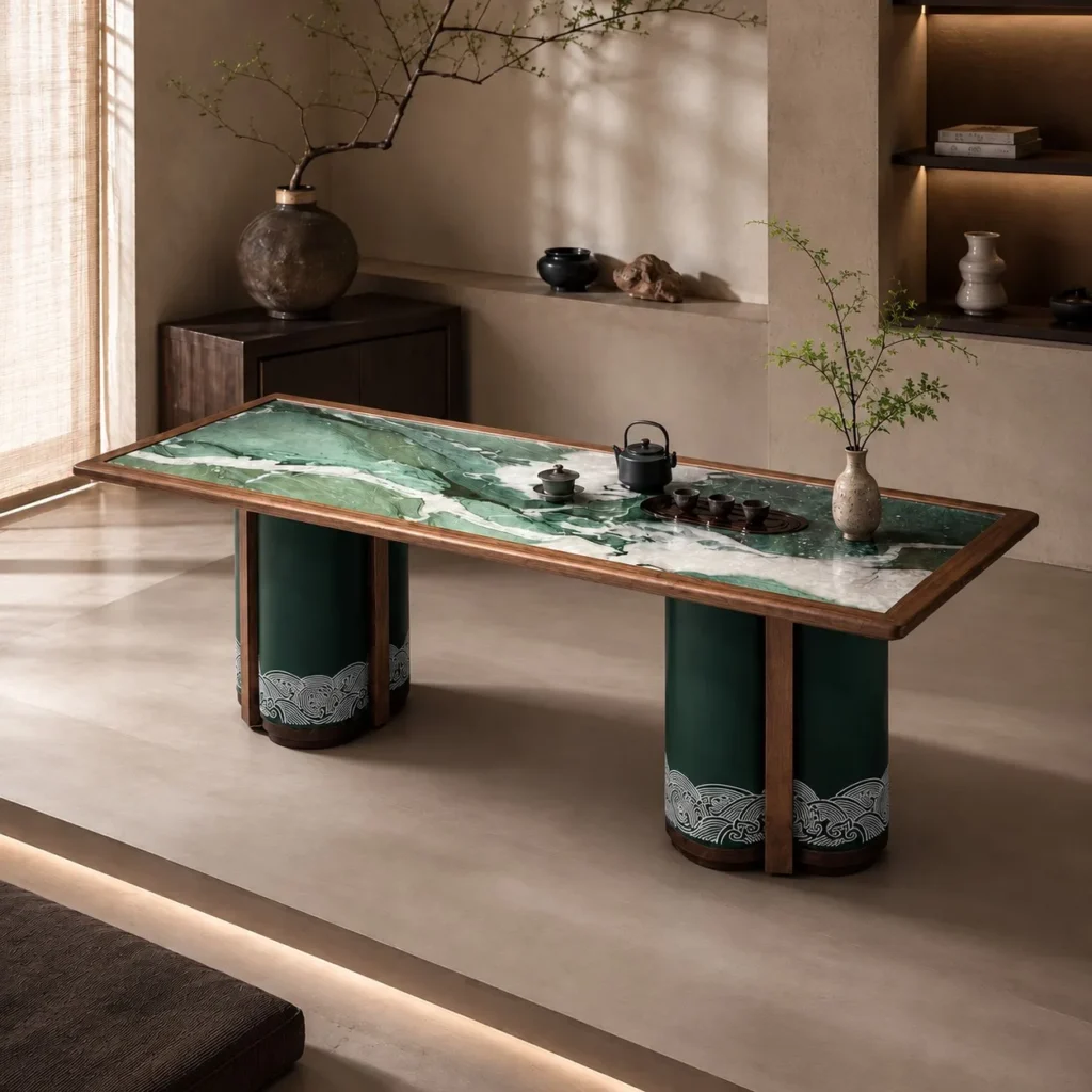 Emerald Jade Stone Tea Table in olive — front view