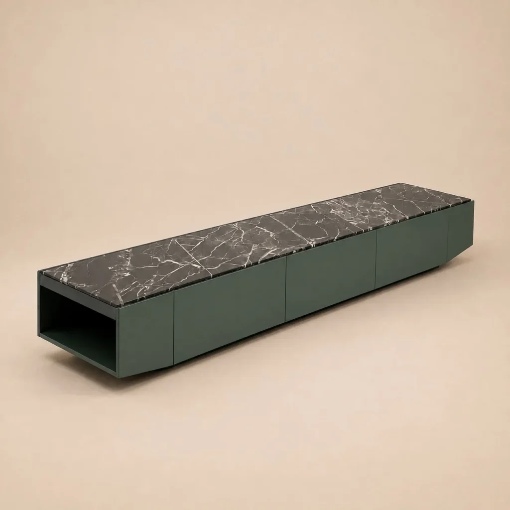 San Giorgio Green Marble Top TV Cabinet in Sage Lacquer — front view