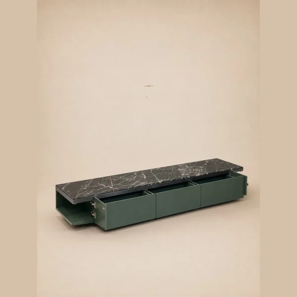 San Giorgio Green Marble Top TV Cabinet in Sage Lacquer — in a room setting