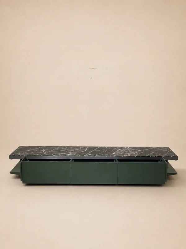 San Giorgio Green Marble Top TV Cabinet in Sage Lacquer — in a room setting