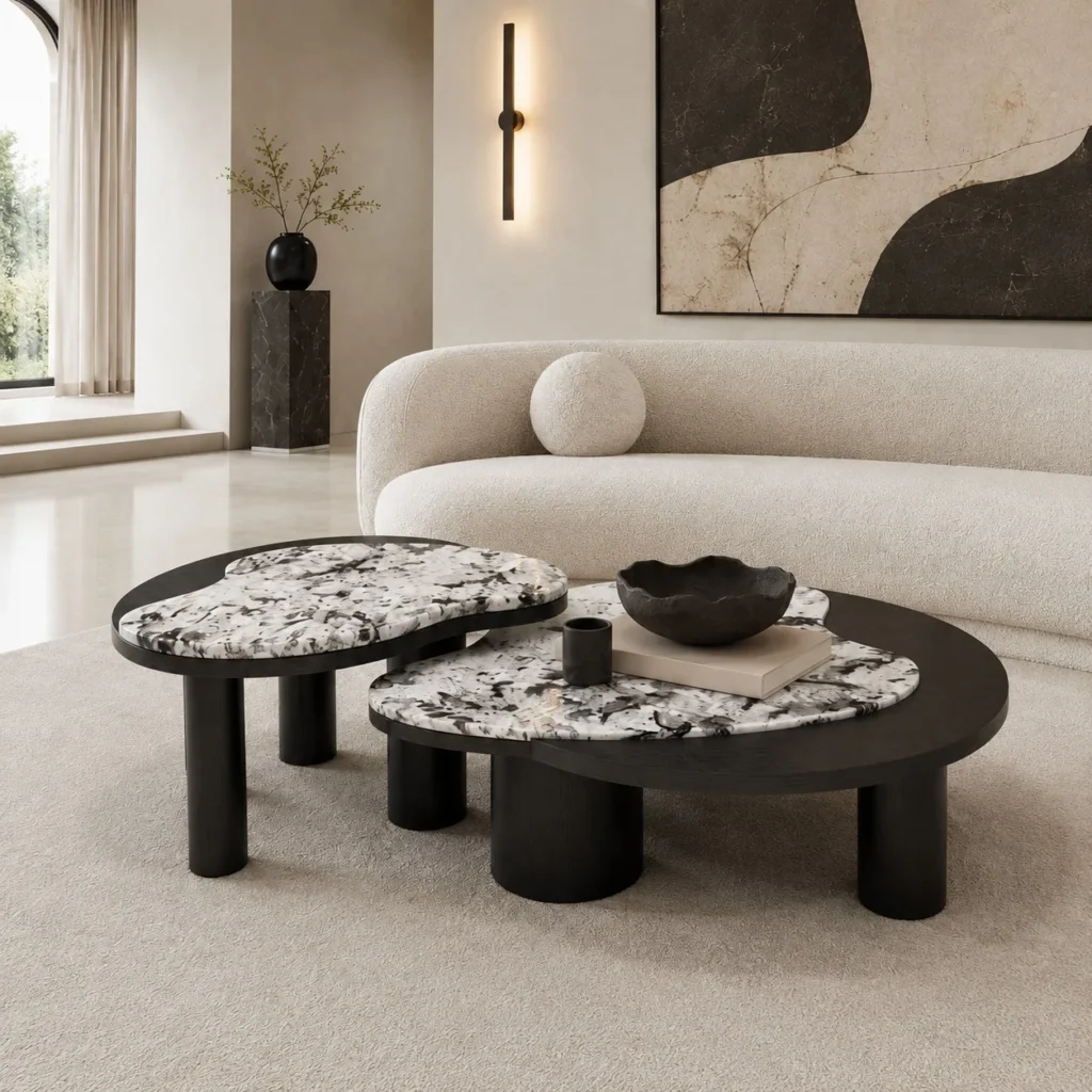 Snow Mountain Blue Stone Concentric Coffee Table Pair in ivory — front view