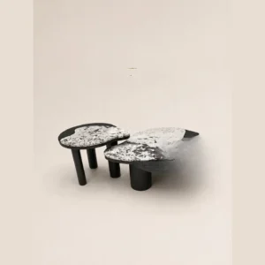 Snow Mountain Blue Stone Concentric Coffee Table Pair in ivory — in a room setting