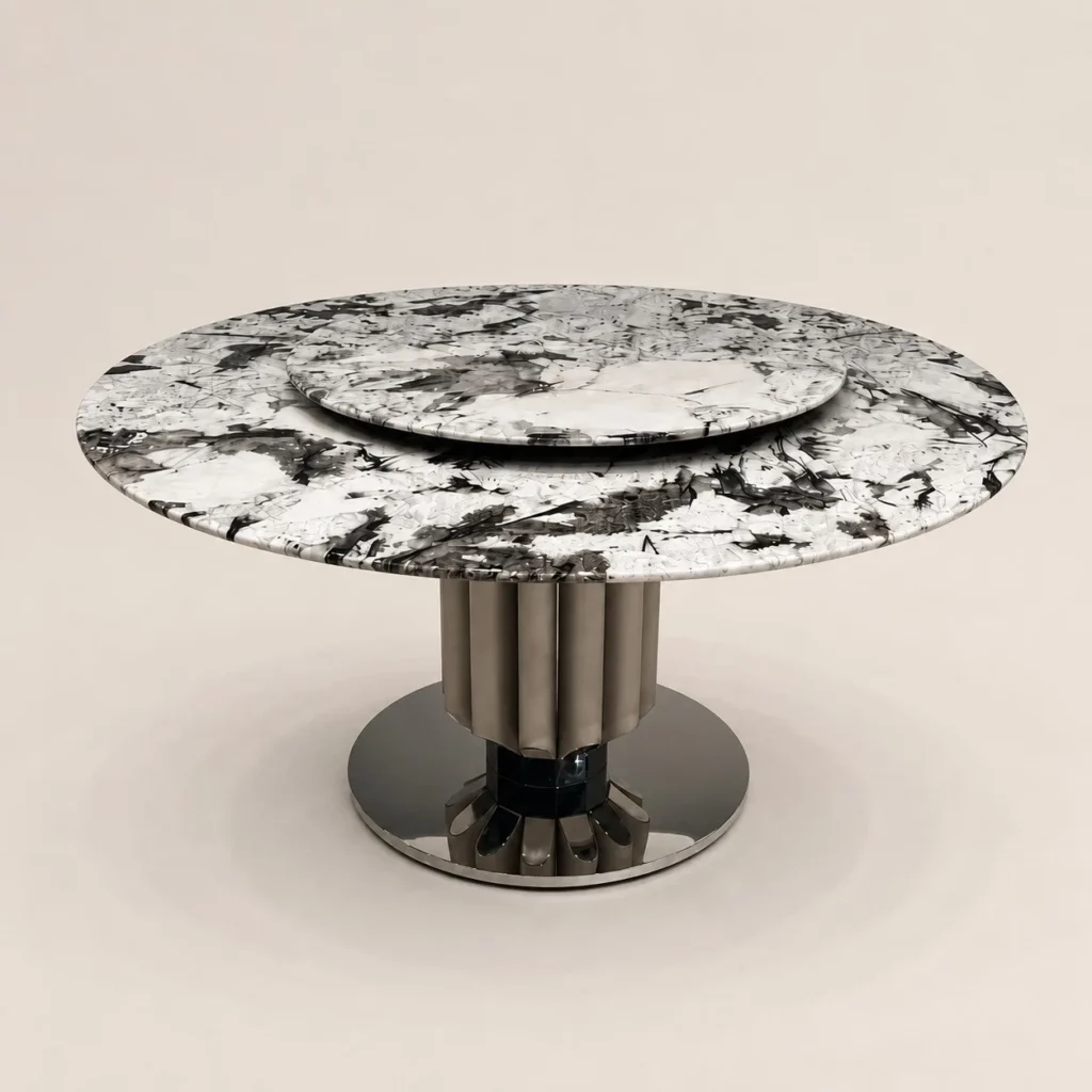 Snow Mountain Blue Marble Round Dining Table in ivory — front view