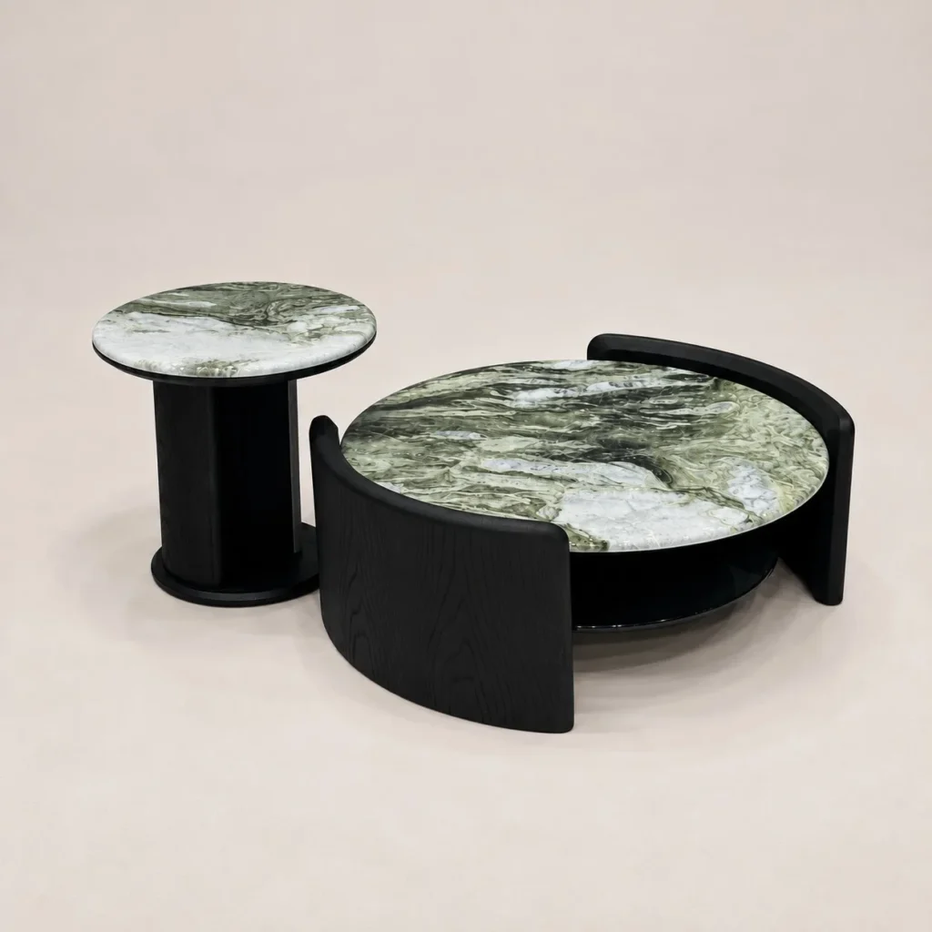 Snow Mountain Green Stone Coffee Table Set in ivory — front view