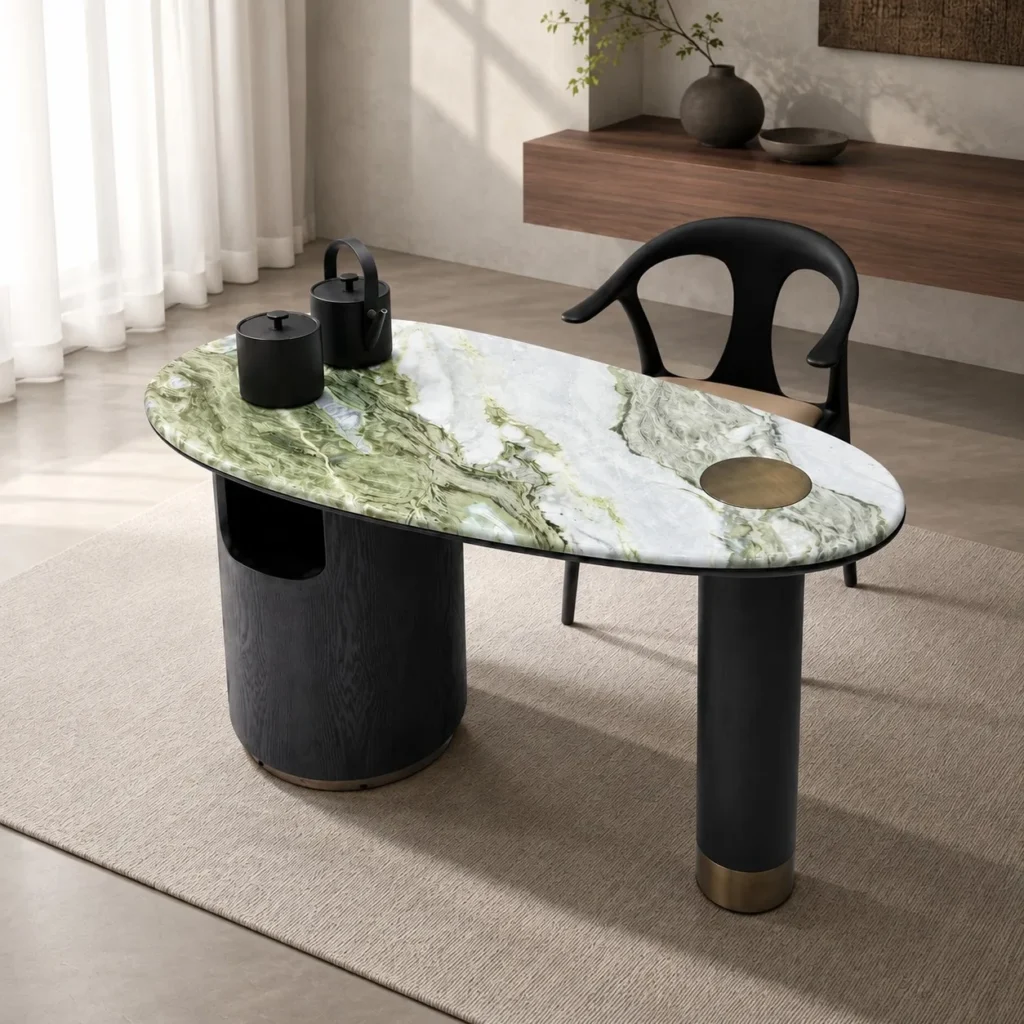 Snow Mountain Jade Stone Small Tea Table on Dark Wood Base in olive — front view