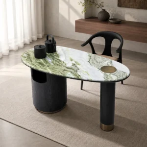 Snow Mountain Jade Stone Small Tea Table on Dark Wood Base in olive — front view